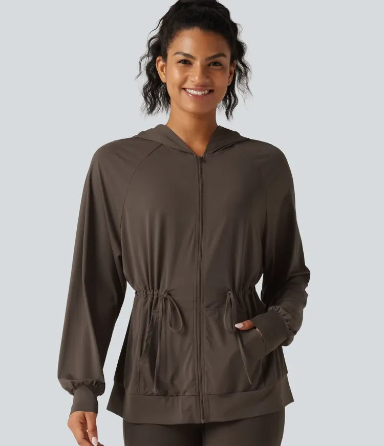 Hooded Long Sleeve Drawstring InstantCool Yoga Jacket with Pockets-UPF50+