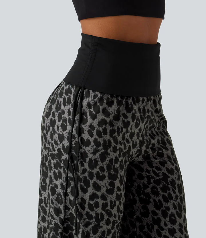 Foldover High Waisted Ruched Drawstring Baggy Leopard Print Casual Trousers with Pockets