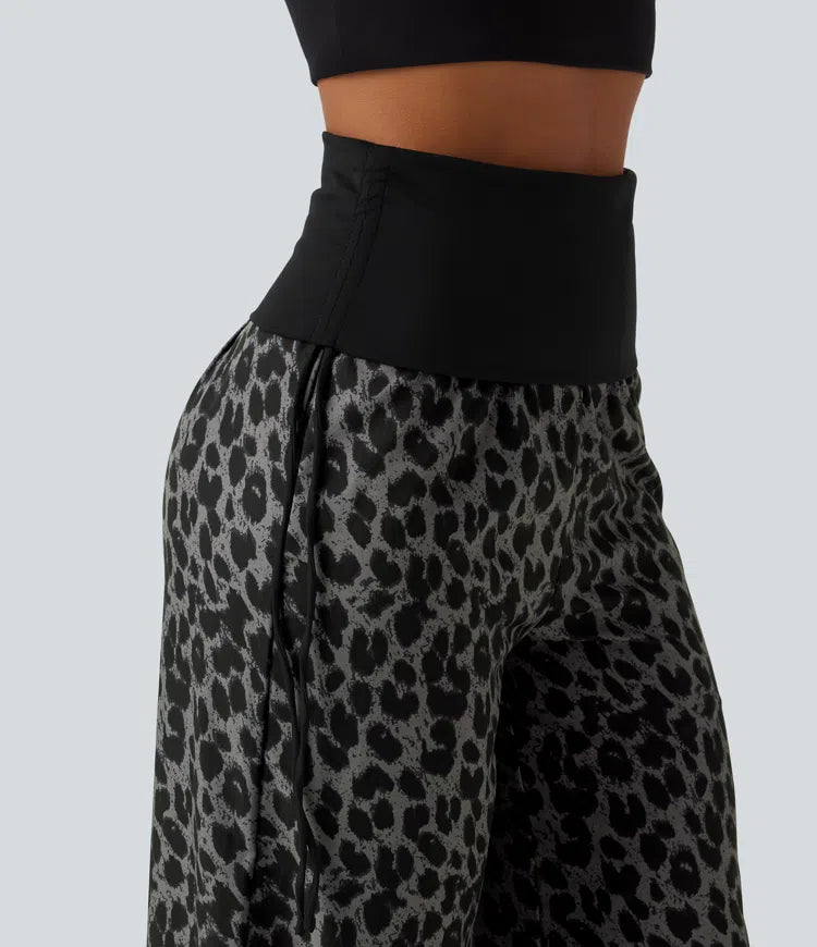 Foldover High Waisted Ruched Drawstring Baggy Leopard Print Casual Trousers with Pockets