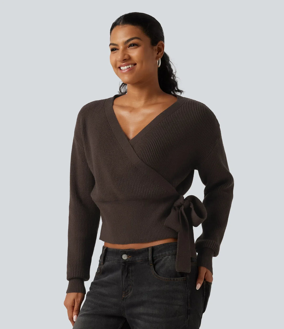 V Neck Long Sleeve Tie Side Work Jumper