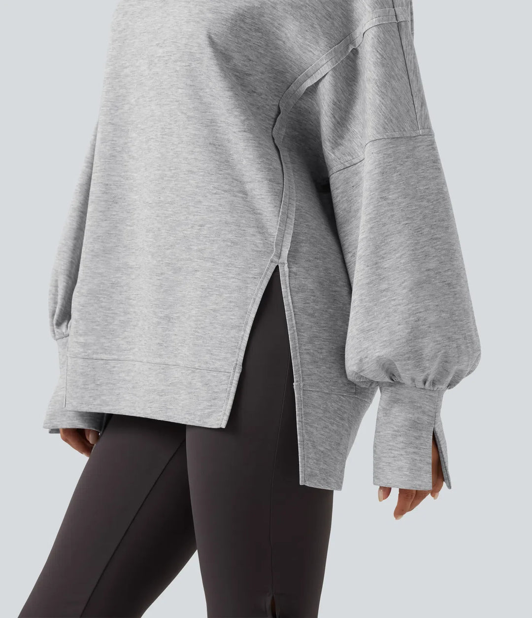 Round Neck Dropped Long Sleeve Slit Hem Casual Sweatshirt