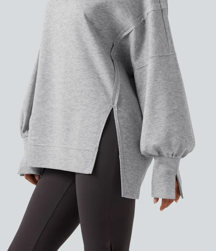 Round Neck Dropped Long Sleeve Slit Hem Casual Sweatshirt