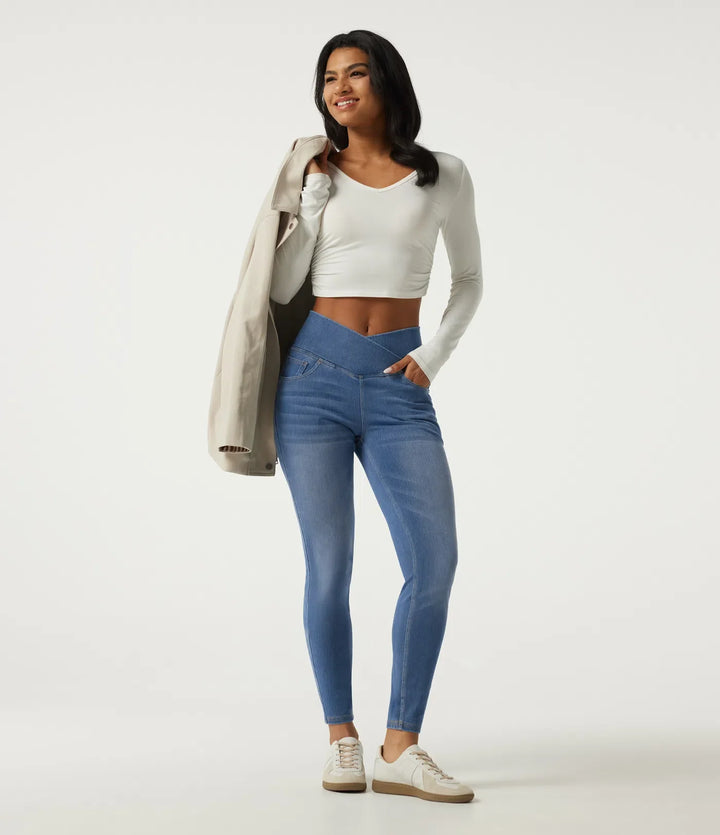 Halara Flex High Waisted Tummy Control Crossover Skinny Casual Jeans with Pockets