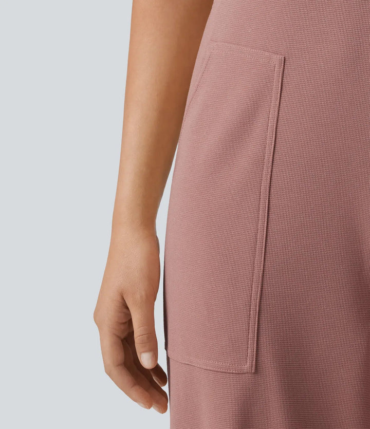Square Neck Waffle Casual Tapered Overalls with Pockets