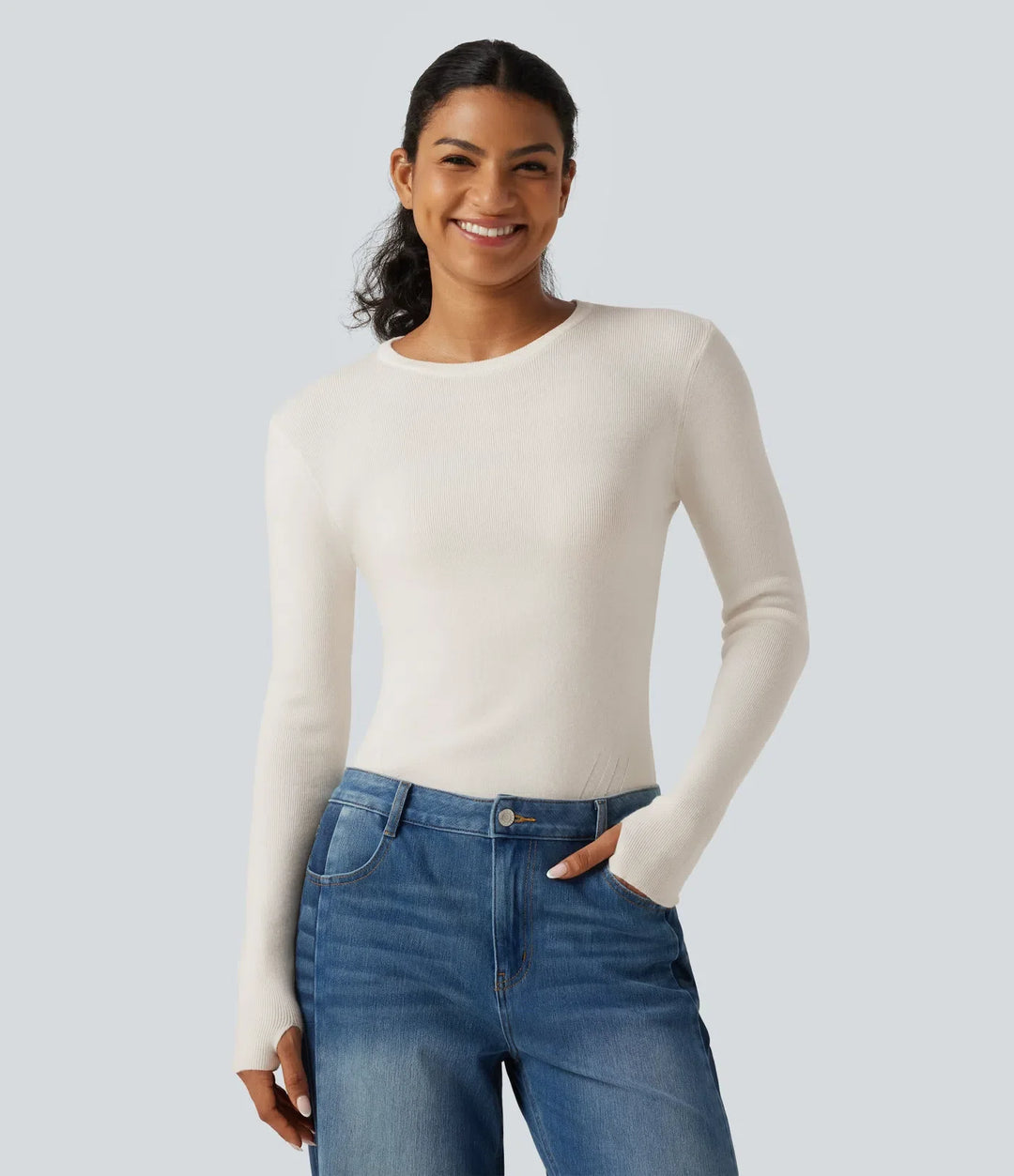 Round Neck Long Sleeve Thumb Hole Slim Work Jumper