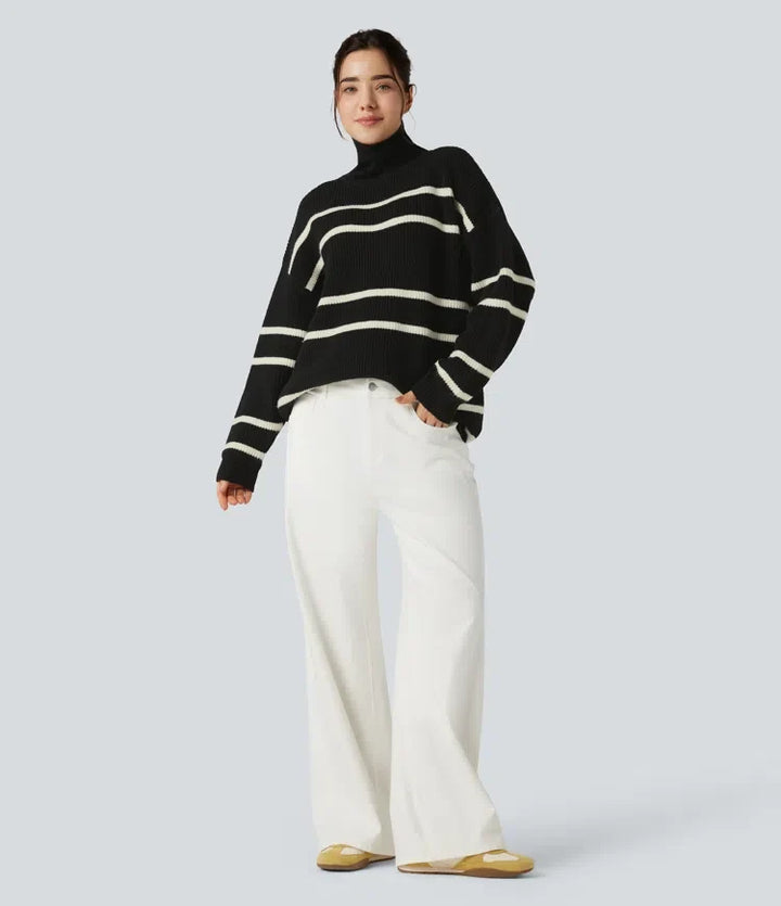 High Neck Long Sleeve Color Block Casual Jumper