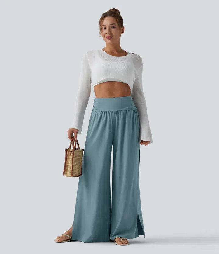Breezeful High Waisted Ruched Split Quick Dry Resort Flowy Trousers with Pockets