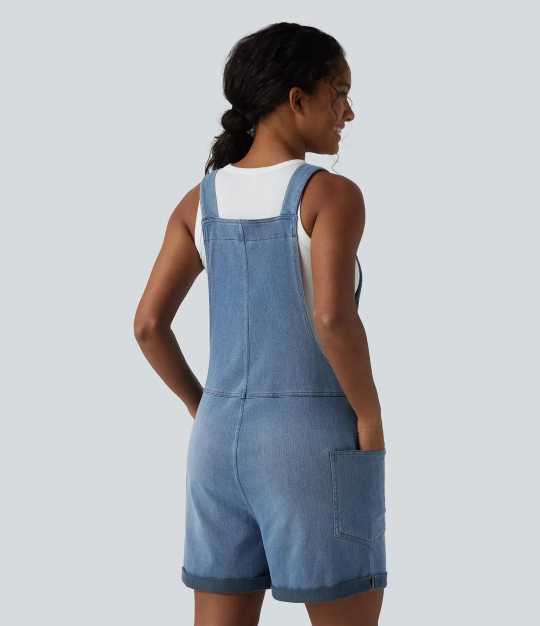 Halara Flex V Neck Rolled Hem Washed Denim Casual Short Overalls with Pockets