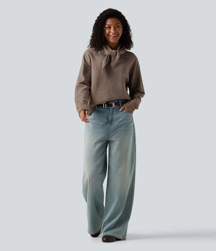 Round Neck Long Sleeve Casual Jumper with Scarf