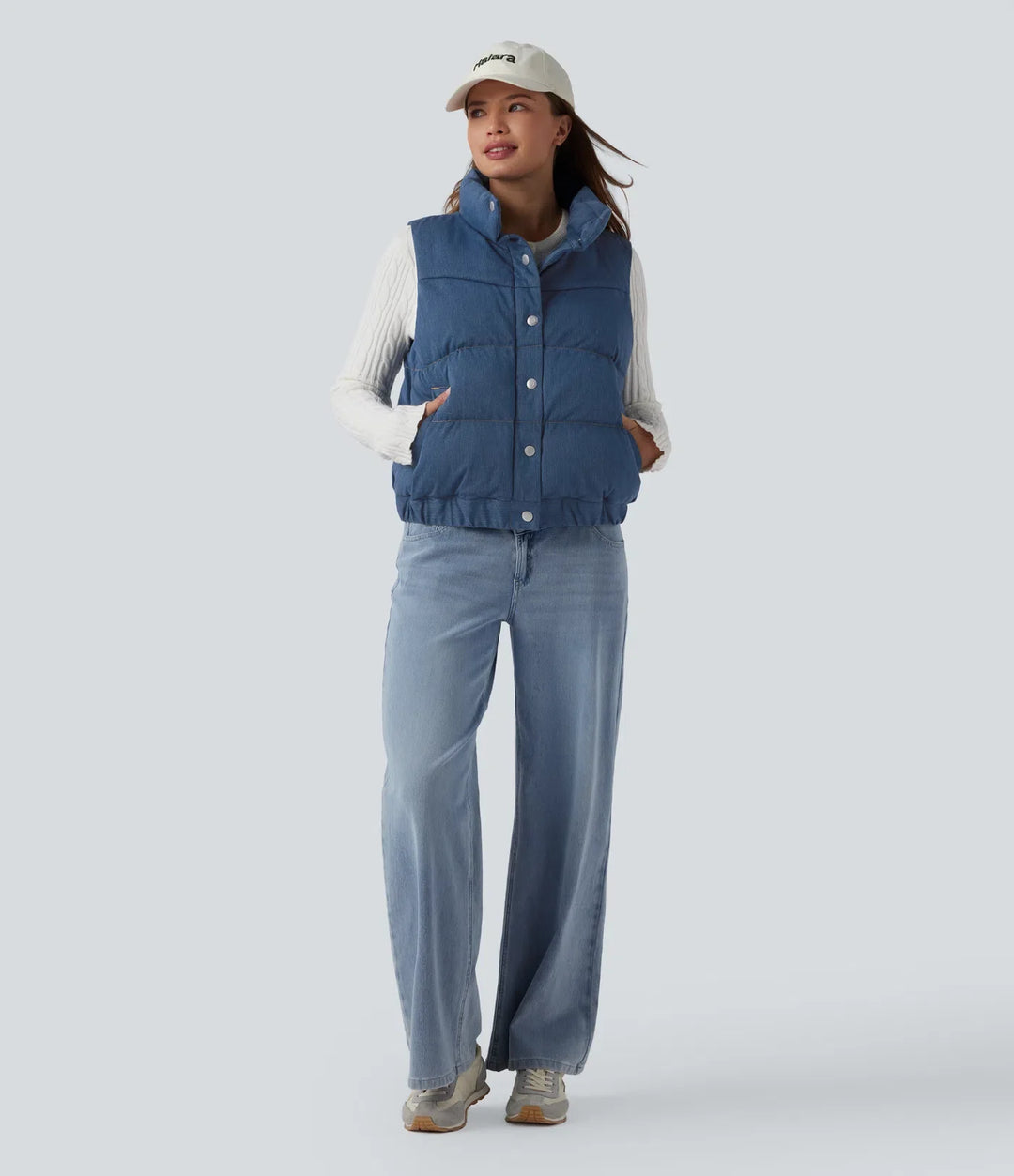 Halara Flex Denim Stand Collar Casual Puffer Vest with Pockets