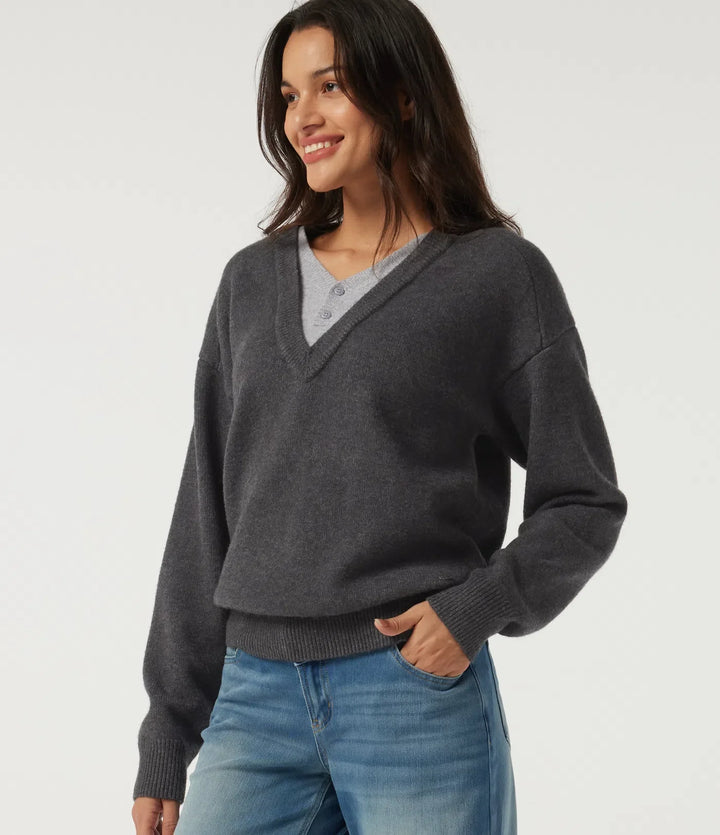 V Neck Dropped Shoulder Long Sleeve 2-in-1 Casual Jumper