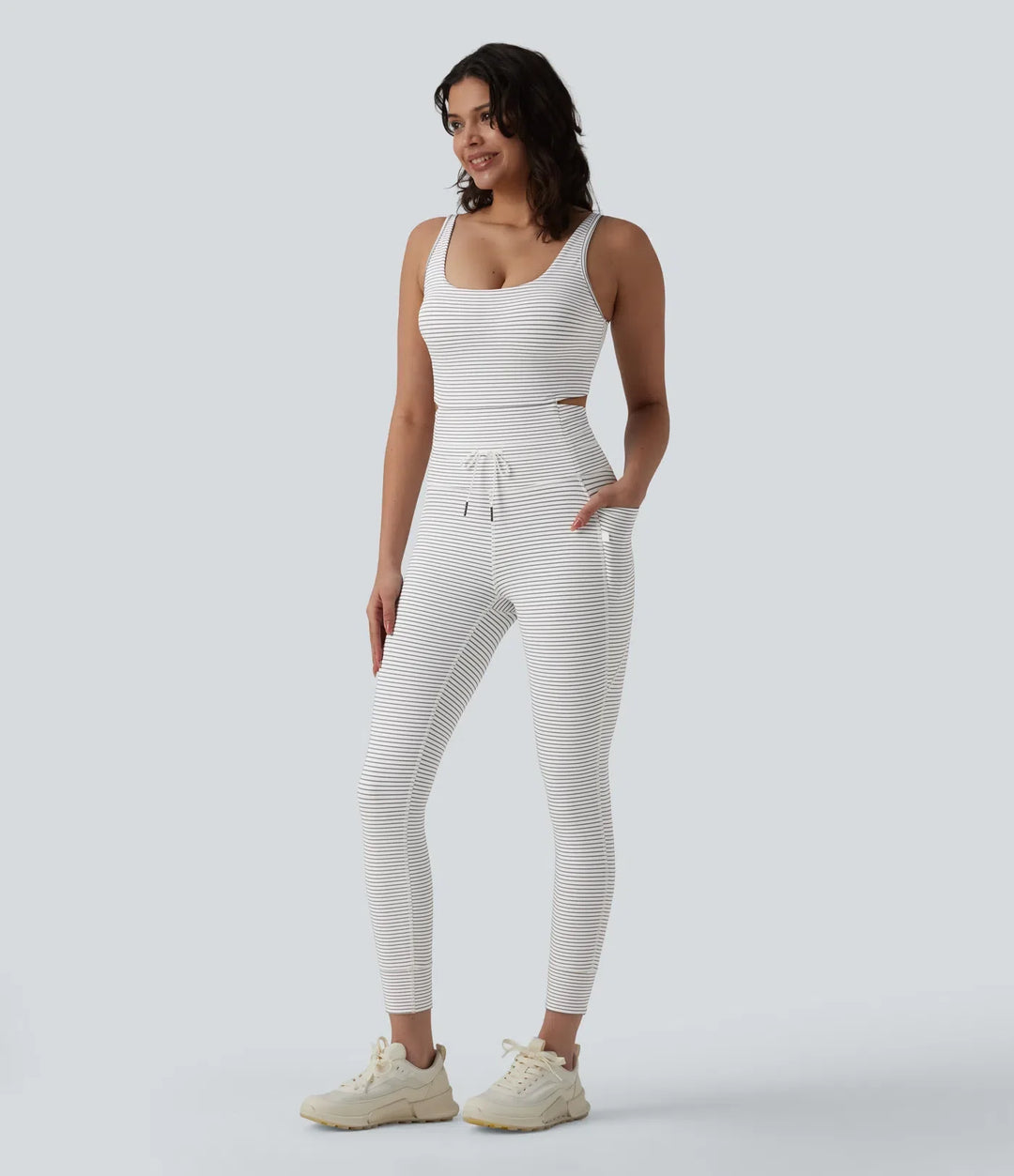 U Neck Cut Out Drawstring Tummy Control Stripe Yoga Jumpsuit with Pockets-Easy Peezy Edition