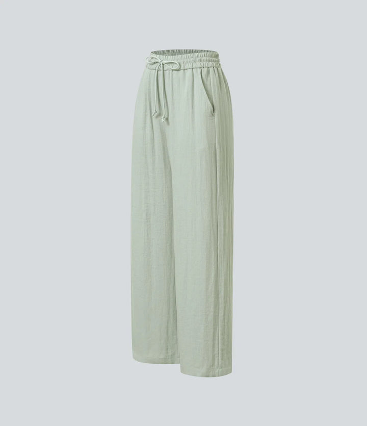 High Waisted Drawstring Pocket Wide Leg Baggy Casual Linen-Feel Trousers