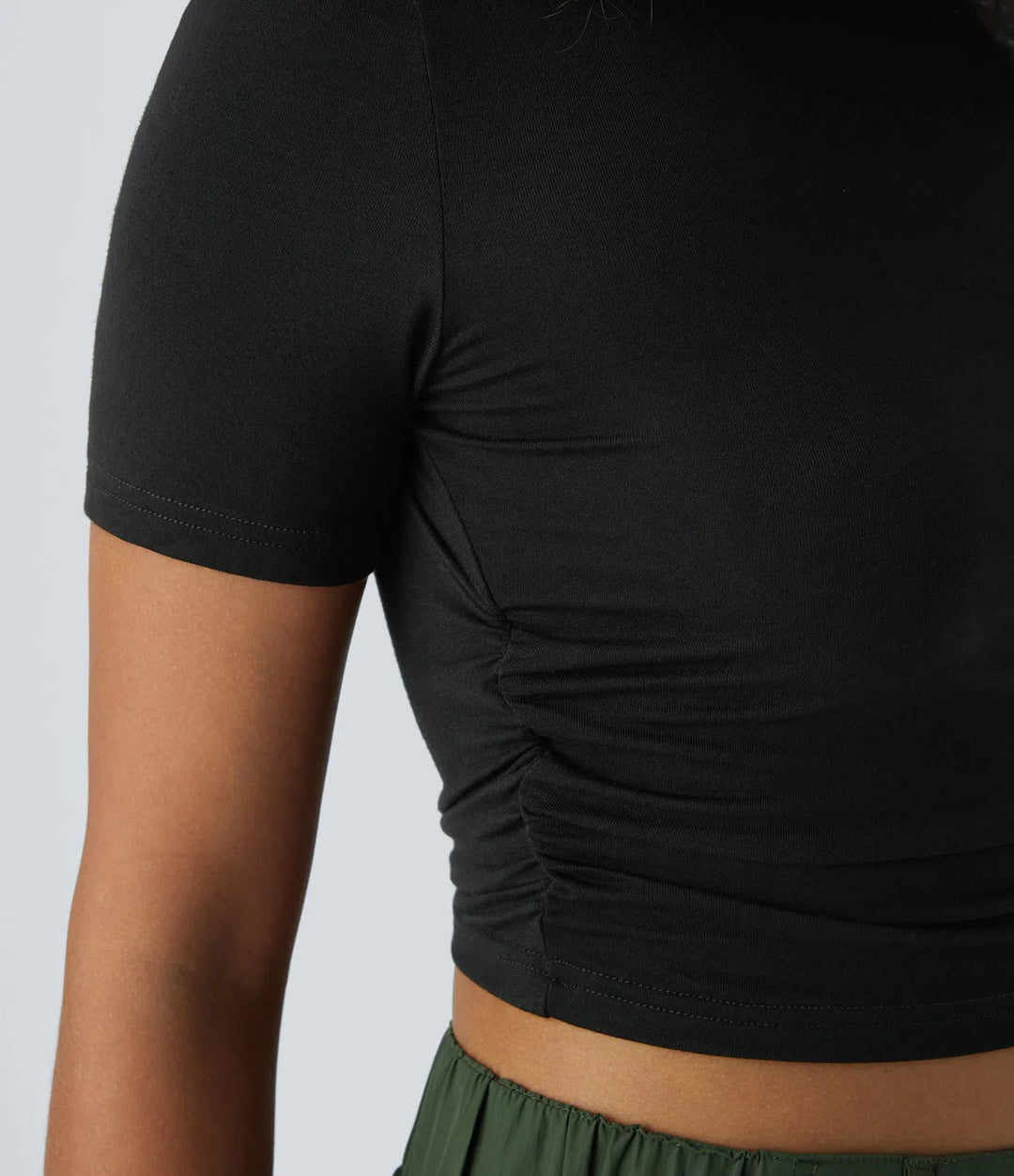 Round Neck Short Sleeve Ruched Skinny Cropped Casual T-Shirt