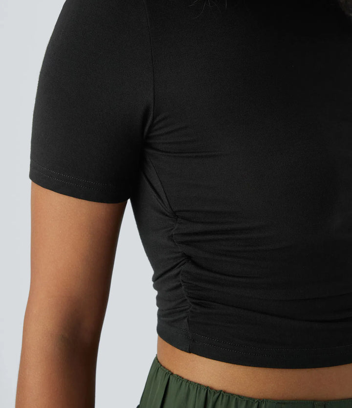 Round Neck Short Sleeve Ruched Skinny Cropped Casual T-Shirt
