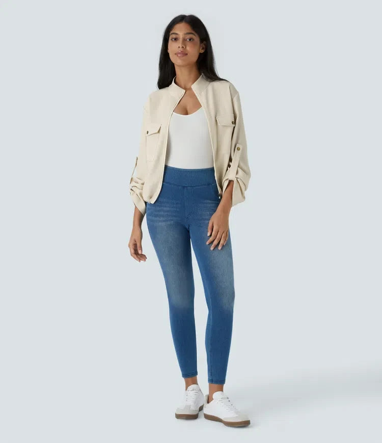 Stand Collar Roll Tab Sleeve Flap Pocket Inside Drawstring Hem Zip Casual Jacket