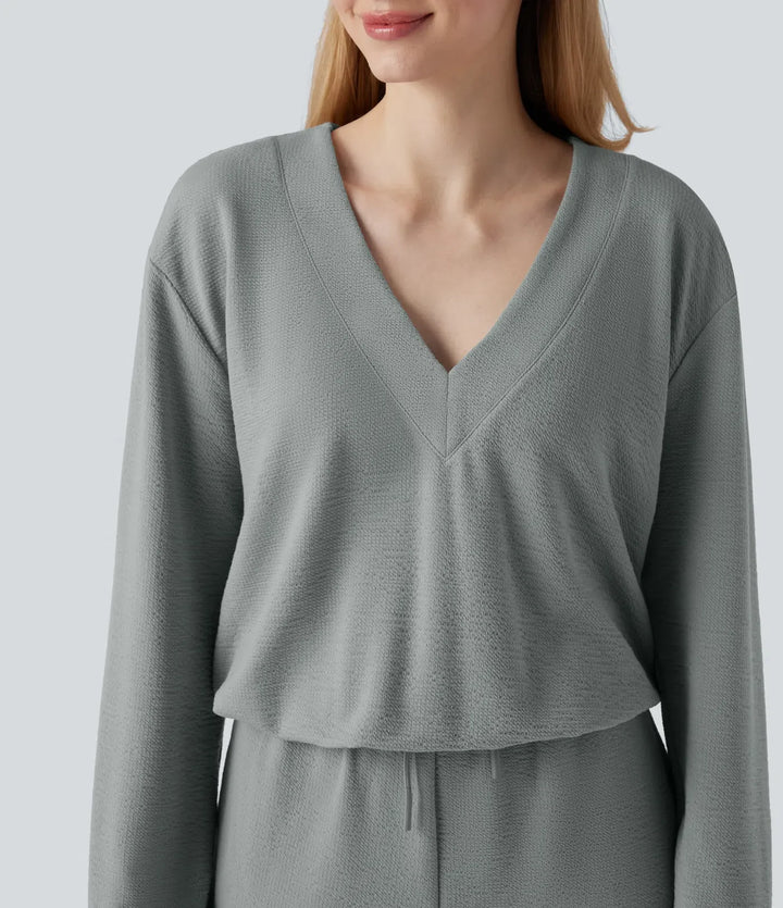 V-neck Long Sleeve Drawstring Casual Jumpsuit with Pockets-Easy Peezy