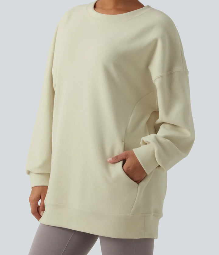 Round Neck Long Sleeve Crisscross Back Fleece Casual Sweatshirt with Pockets