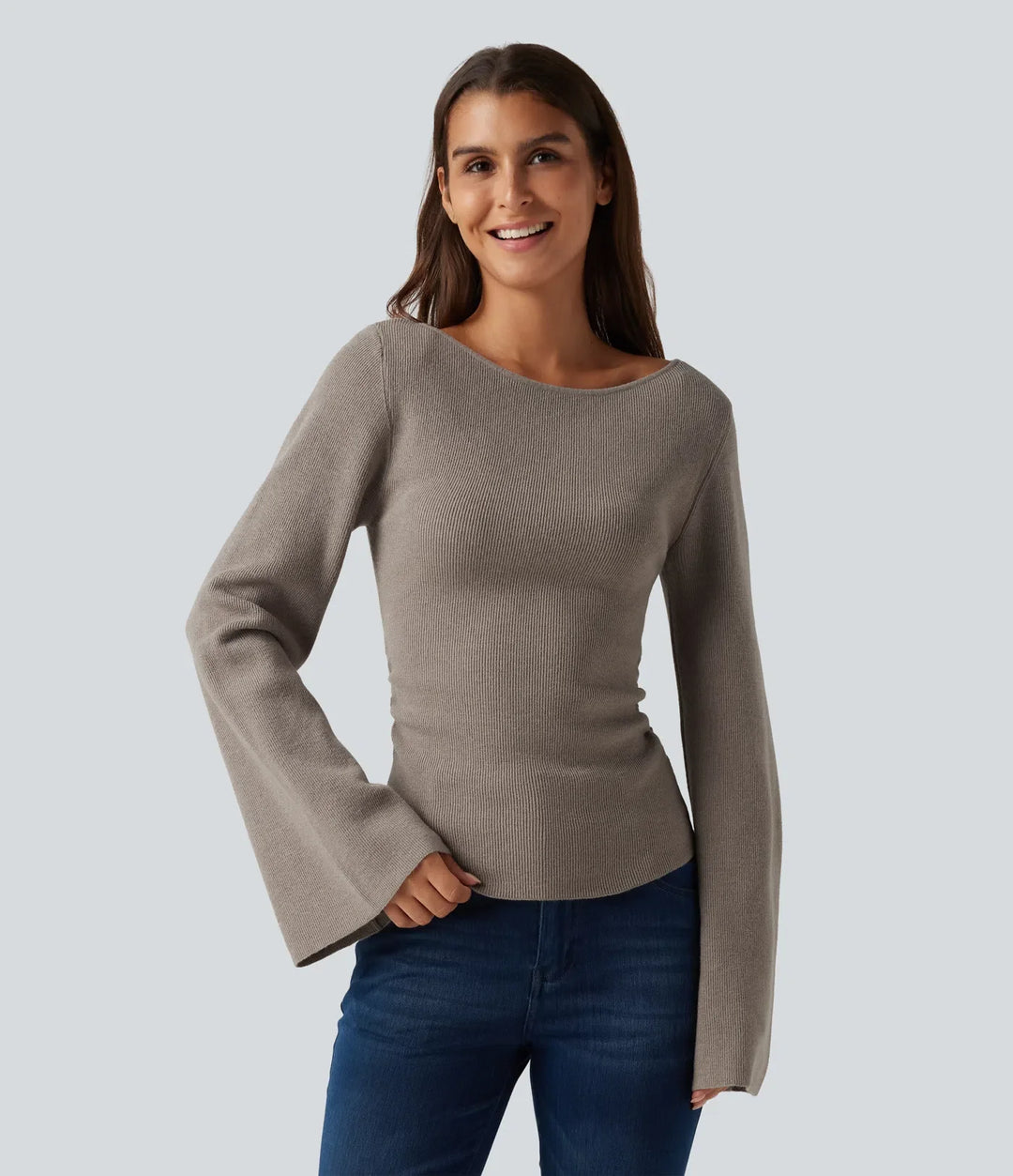 Boat Neck Flounce Long Sleeve Casual Jumper