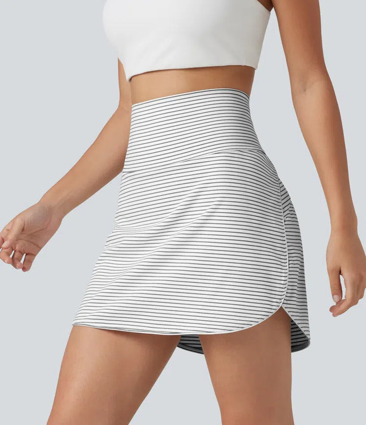 Ultra High-Waist Tummy Control Curved Hem 2-in-1 Stripes Golf Mini Skirt with Pockets