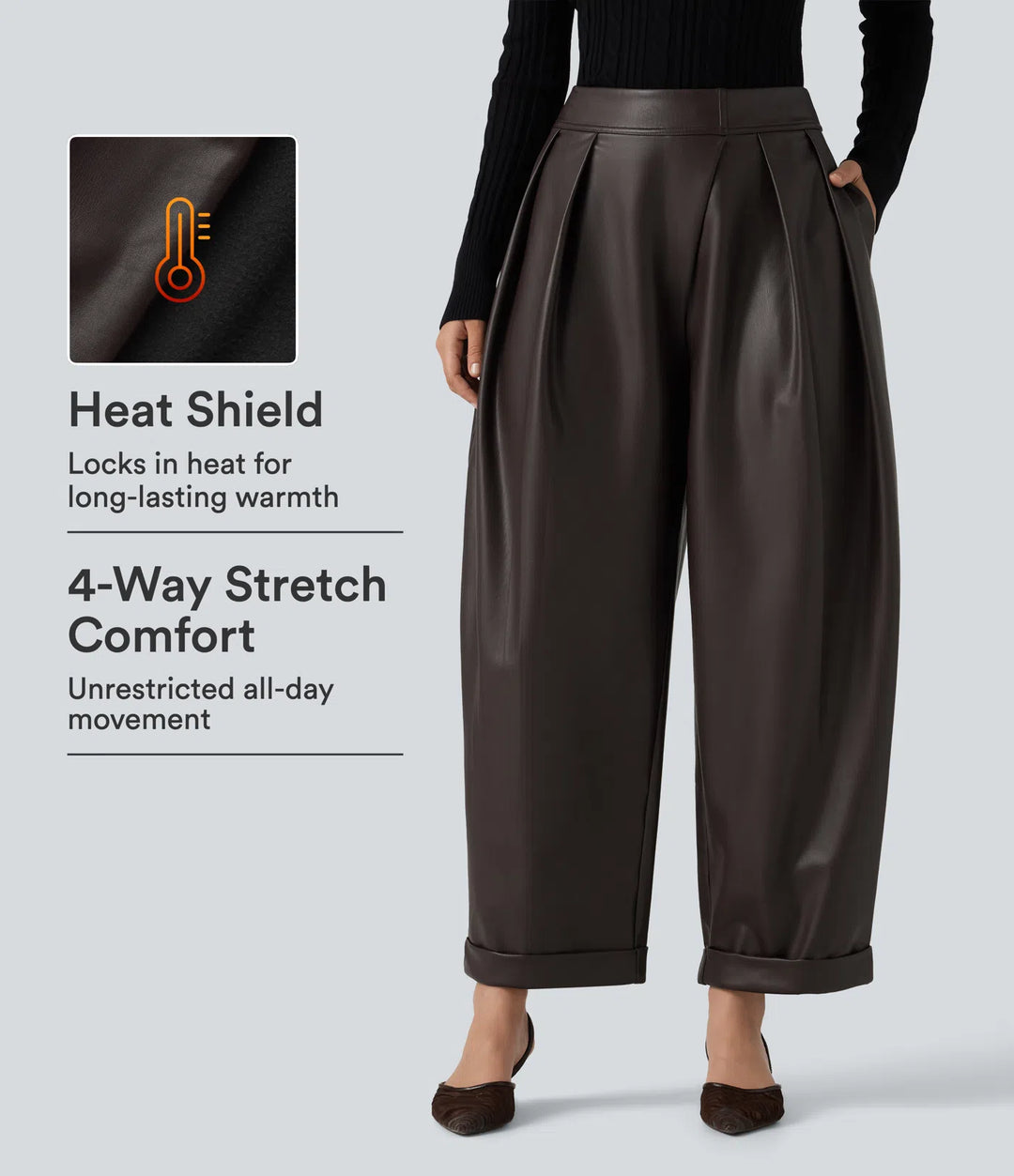 High Waisted Barrel Leg Stretchy PU Fleece Casual Trousers with Pockets