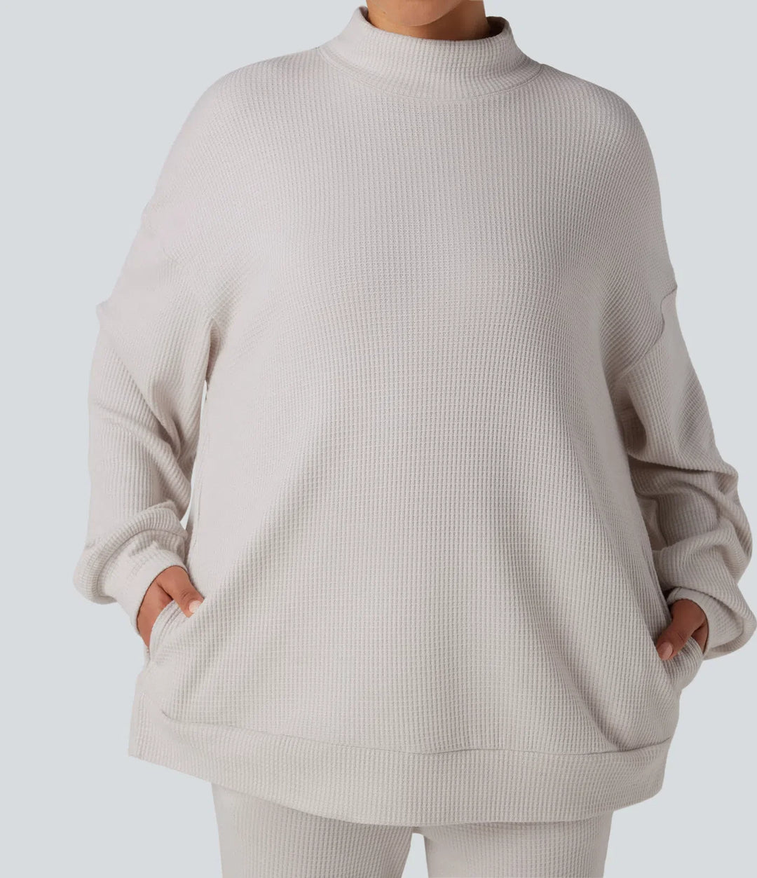 Mock Neck Long Sleeve Relaxed Waffle Casual Sweatshirt with Pockets