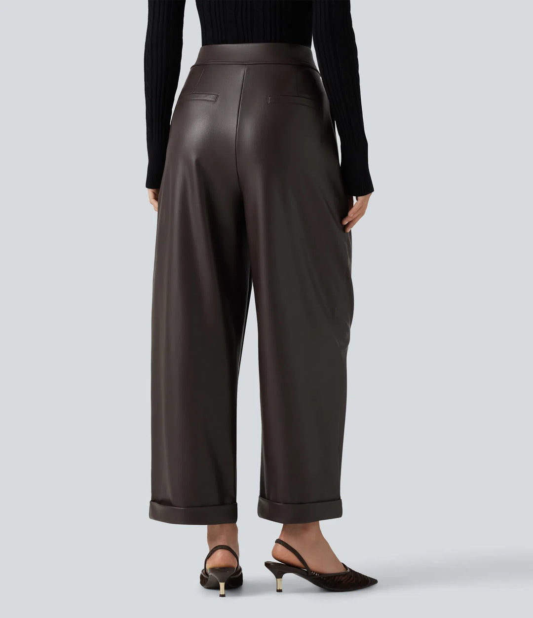 High Waisted Barrel Leg Stretchy PU Fleece Casual Trousers with Pockets