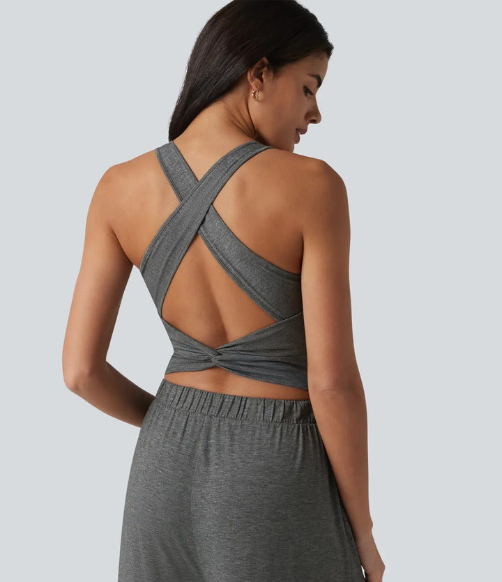 Crisscross Backless U-Neck Sleeveless Ruffle Hem Flowy Casual Jumpsuit with Pockets-Easy Peezy