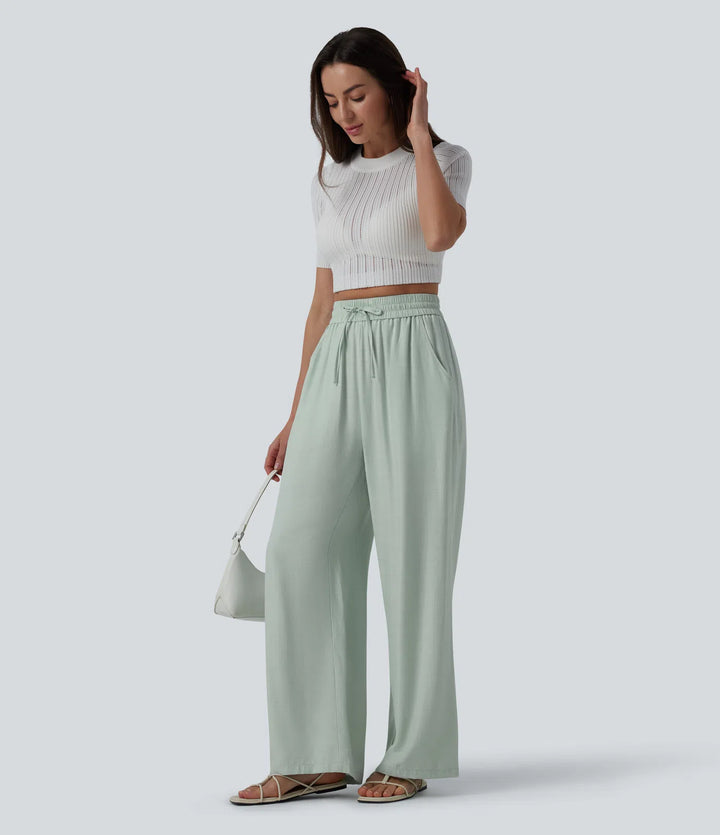 High Waisted Drawstring Wide Leg Casual Linen-Blend Trousers with Pockets