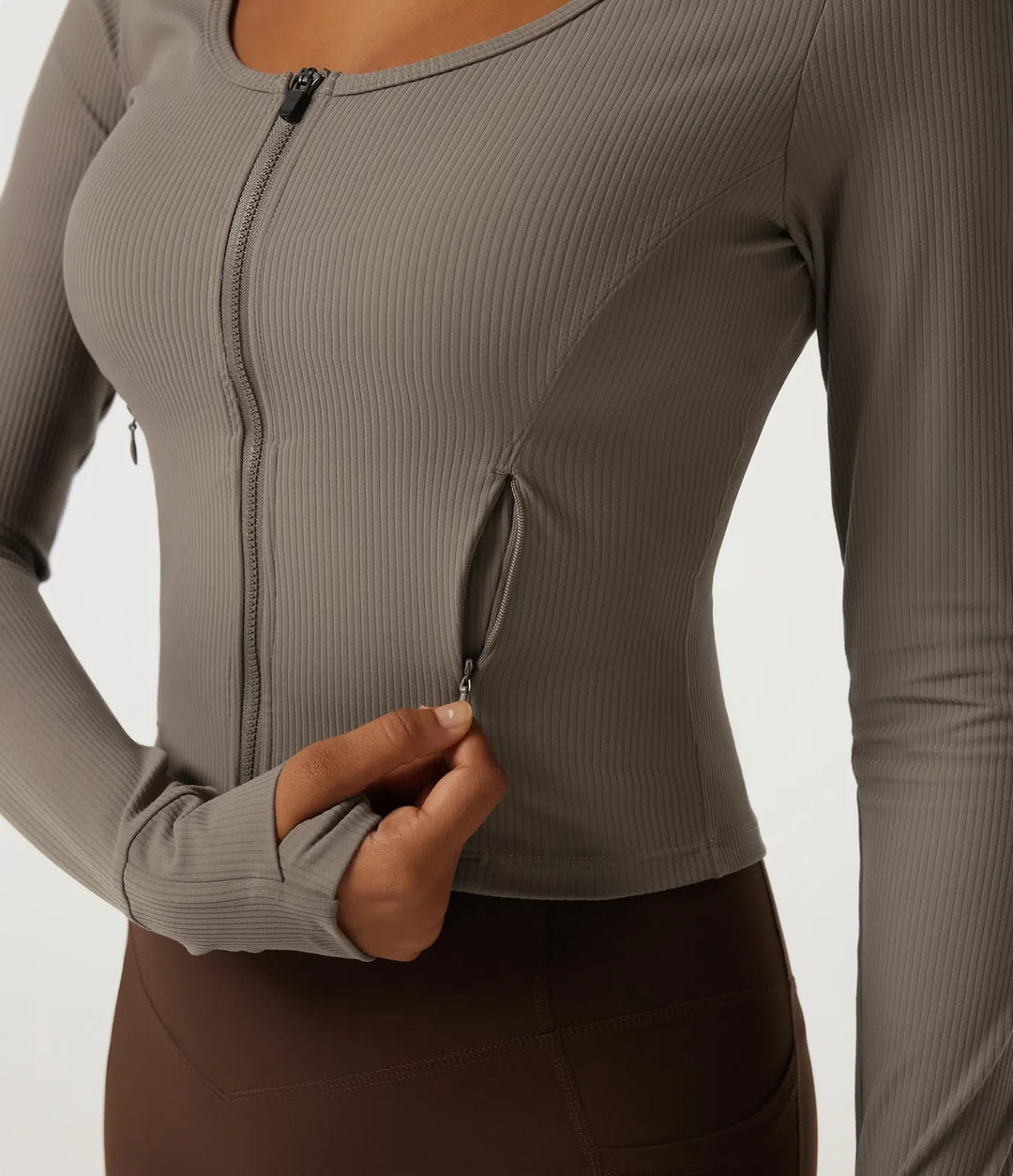 Ribbed Knit Round Neck Long Sleeve Yoga Track Jacket with Pockets and ThumbHoles
