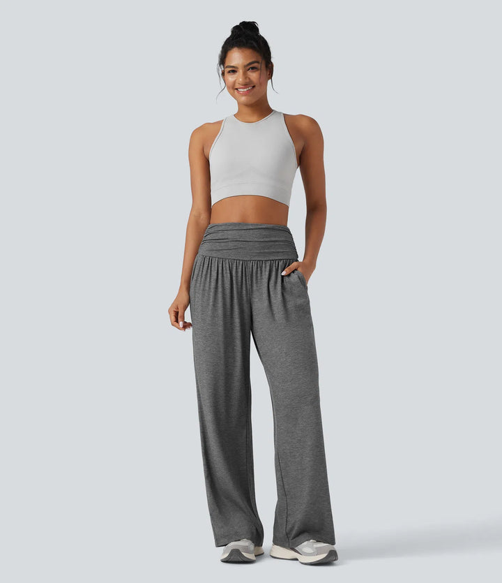 High Waisted Ruched Heathered Yoga Baggy Trousers with Pockets