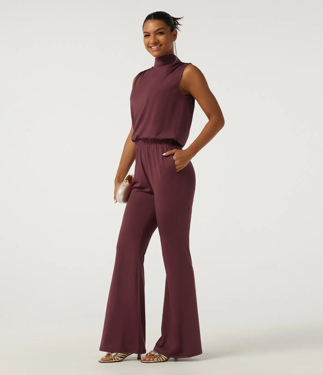 Mock Neck Sleeveless Flare Keyhole Back Party Jumpsuit with Pockets - Easy Peezy Edition