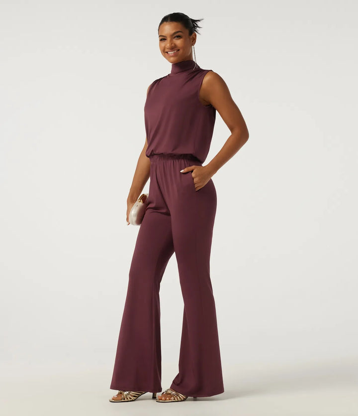 Mock Neck Sleeveless Flare Keyhole Back Party Jumpsuit with Pockets - Easy Peezy Edition