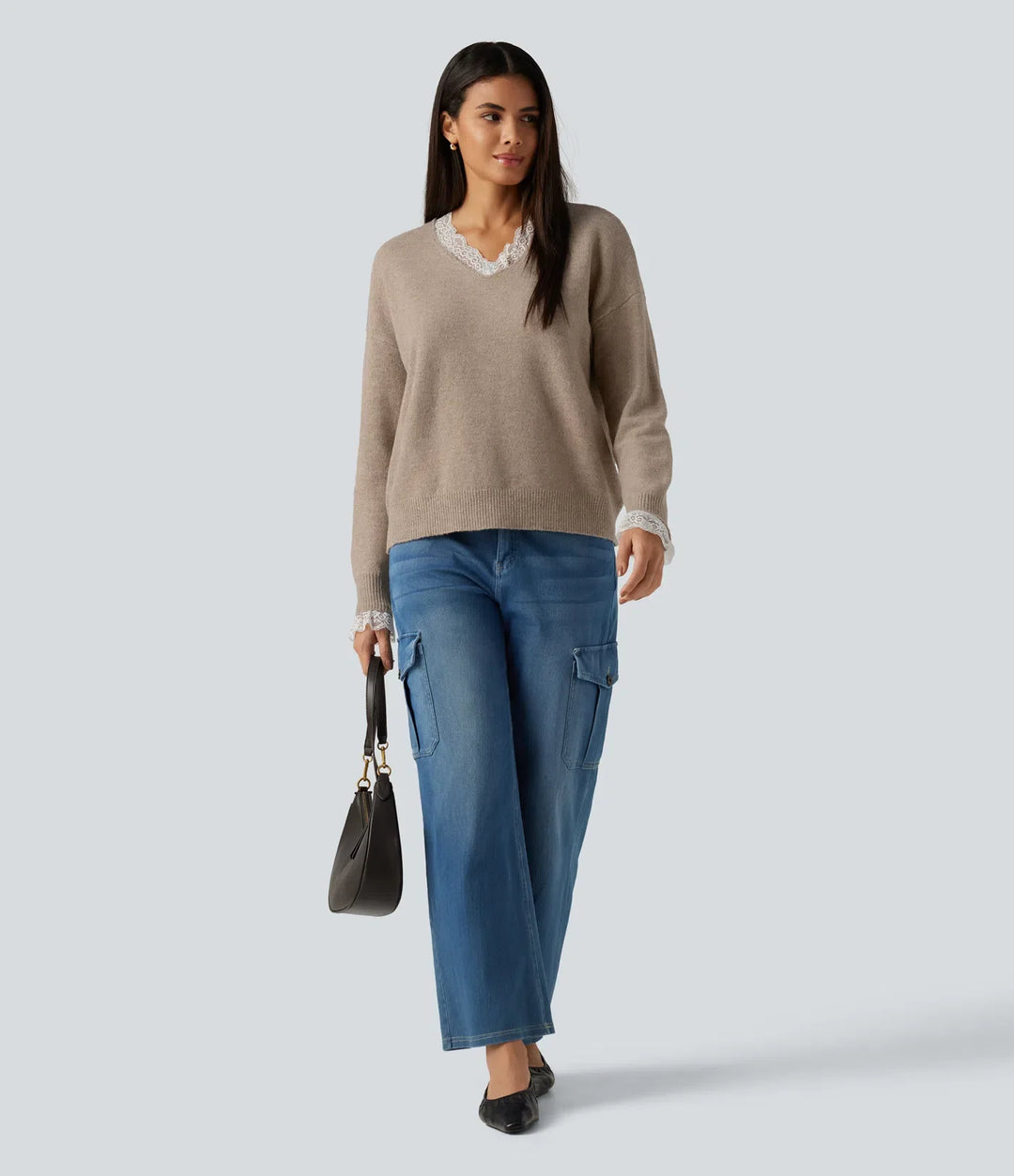V Neck Contrast Lace Dropped Long Sleeve Casual Jumper