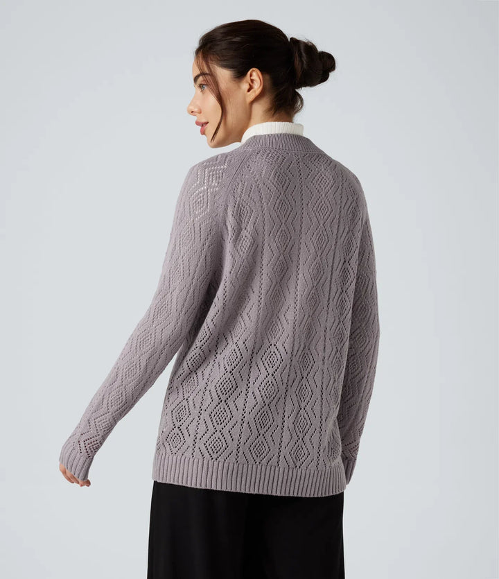 Round Neck Long Sleeve Button Fly Hollow Out Casual Cardigan