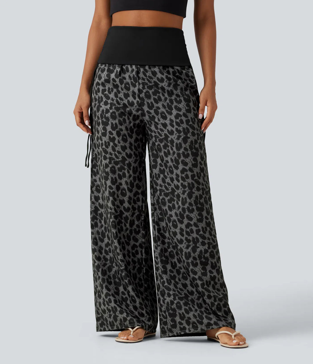 Foldover High Waisted Ruched Drawstring Baggy Leopard Print Casual Trousers with Pockets