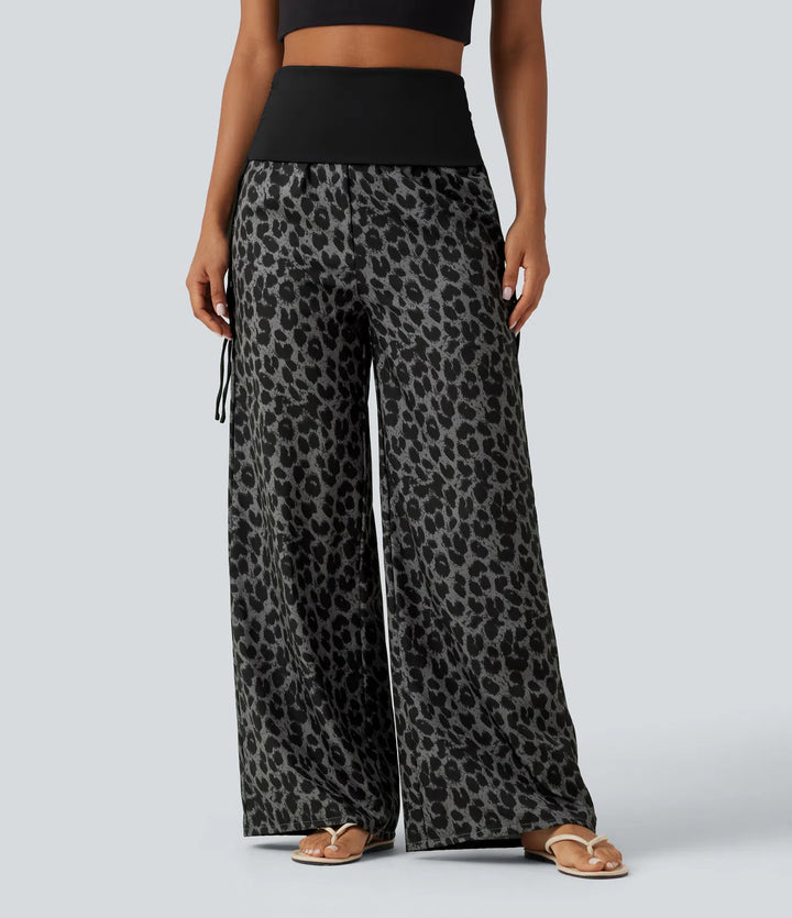 Foldover High Waisted Ruched Drawstring Baggy Leopard Print Casual Trousers with Pockets