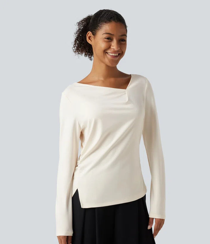 Asymmetric Cowl Neck Long Sleeve Ruched Slit Hem Work Blouse