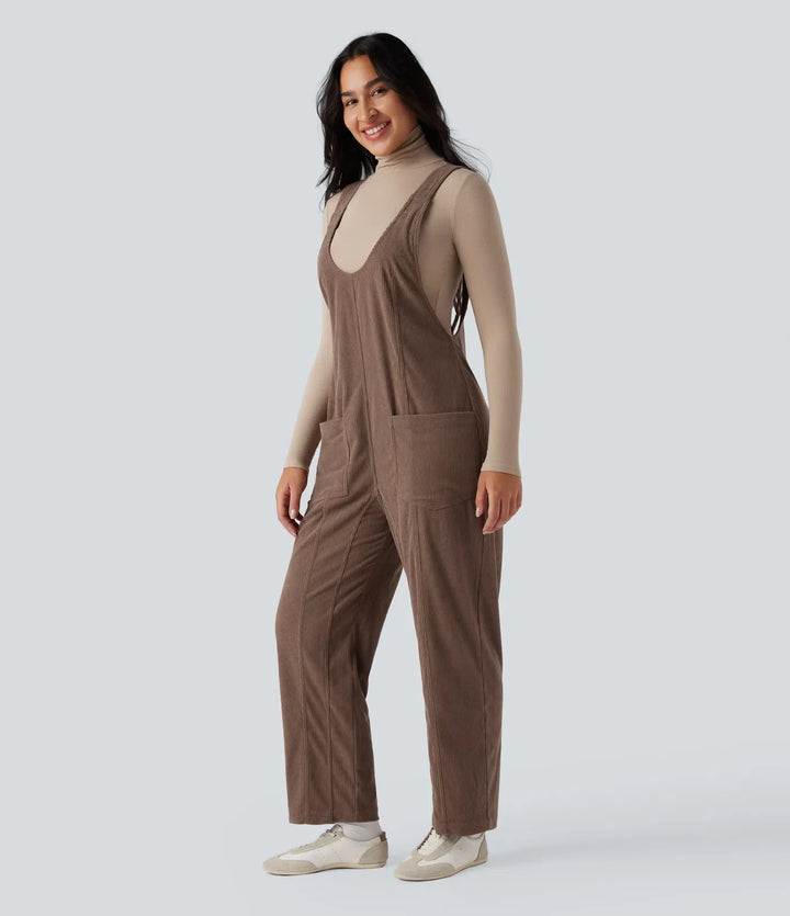 V Neck Corduroy Casual Overalls with Pockets
