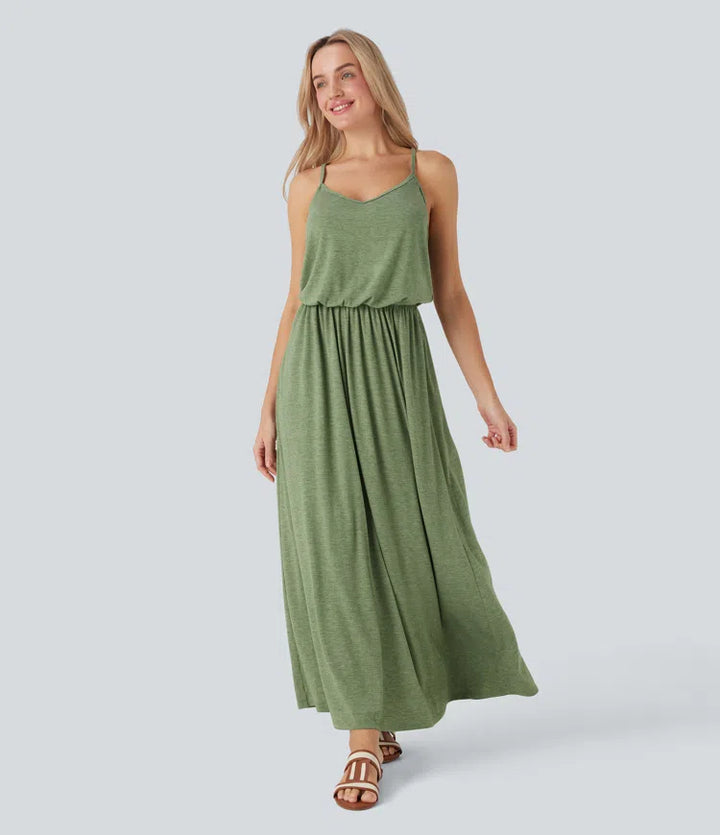 Adjustable Strap Maxi Flowy Resort Slip Dress with Pockets
