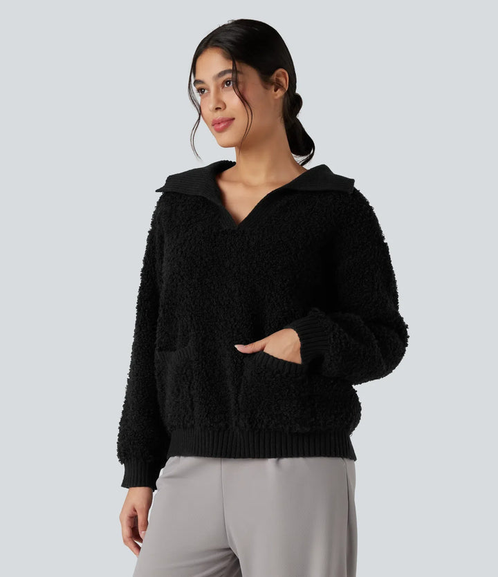 Lapel Reglan Long Sleeve Work Jumper with Pockets