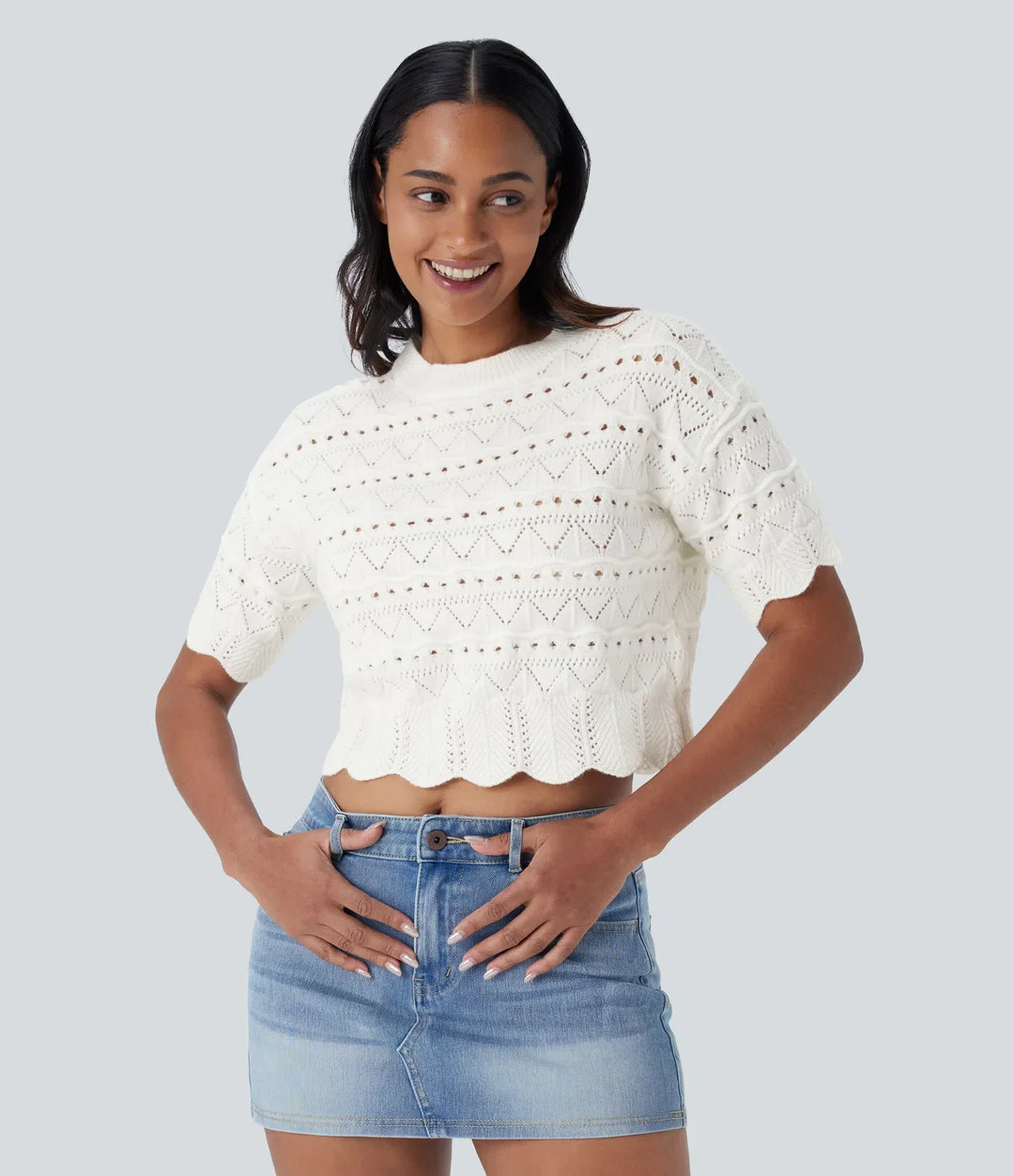 Round Neck Short Sleeve Scallop Hem Open Knit Casual Jumper