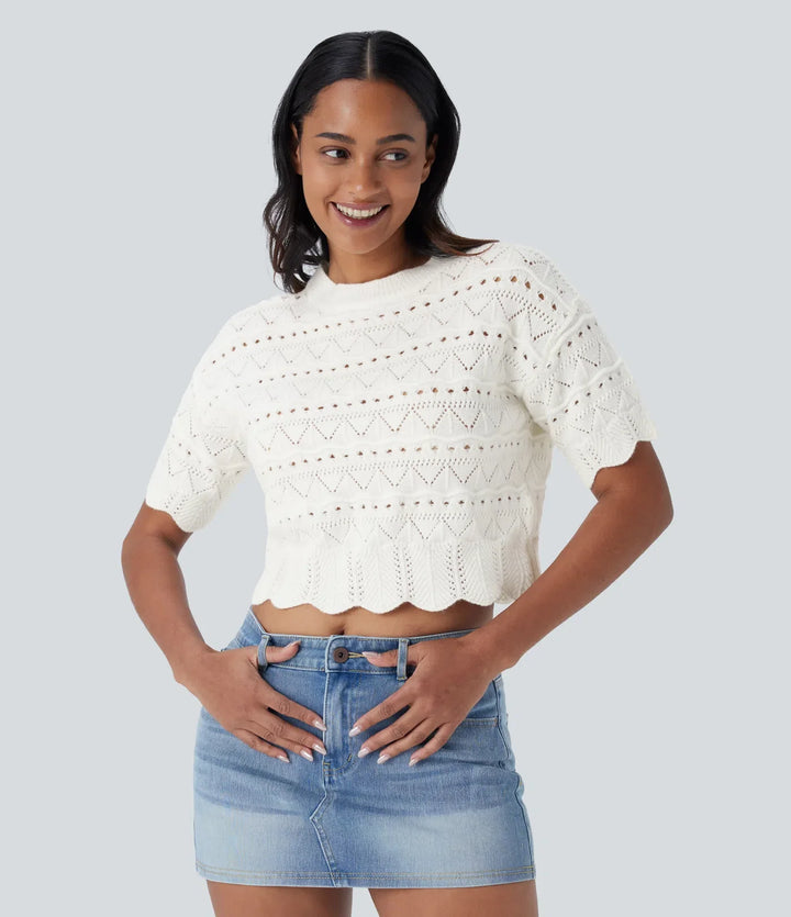 Round Neck Short Sleeve Scallop Hem Open Knit Casual Jumper