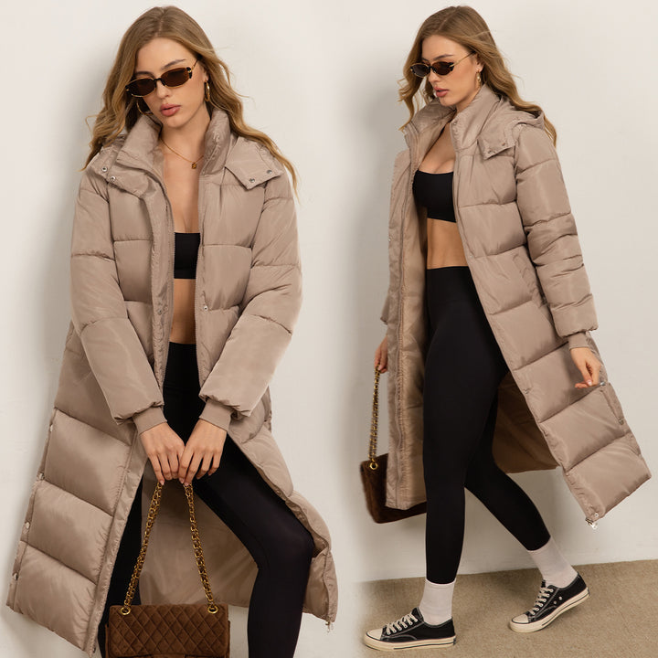Hooded Long Sleeve Zipper Longline Casual Puffer Jacket with Pockets