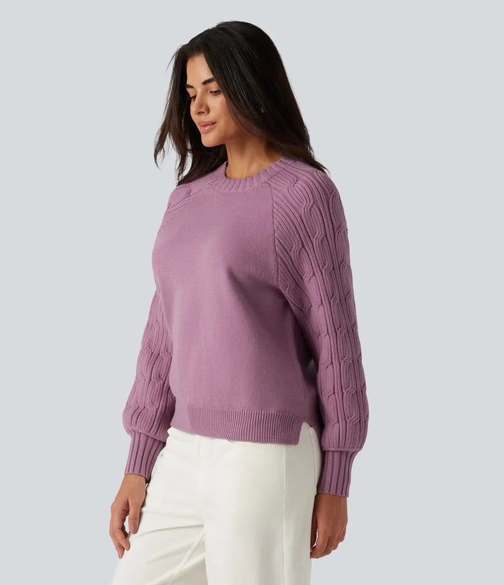 Round Neck Long Sleeve Slit Hem Casual Jumper