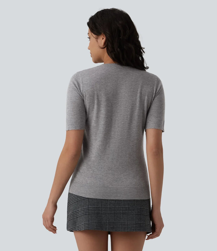 Round Neck Short Sleeve Slim Work Silk-Wool Blend Jumper