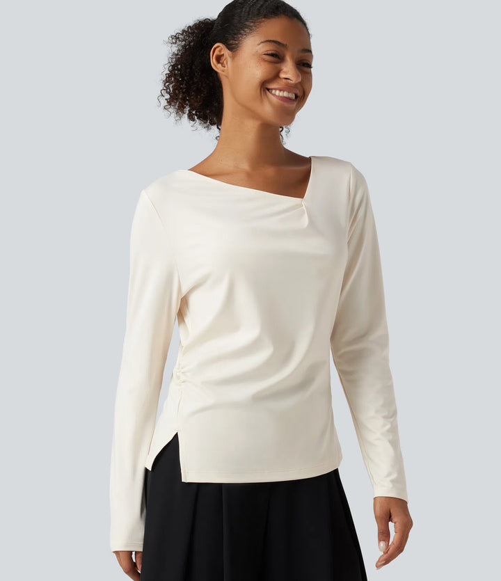 Asymmetric Cowl Neck Long Sleeve Ruched Slit Hem Work Blouse