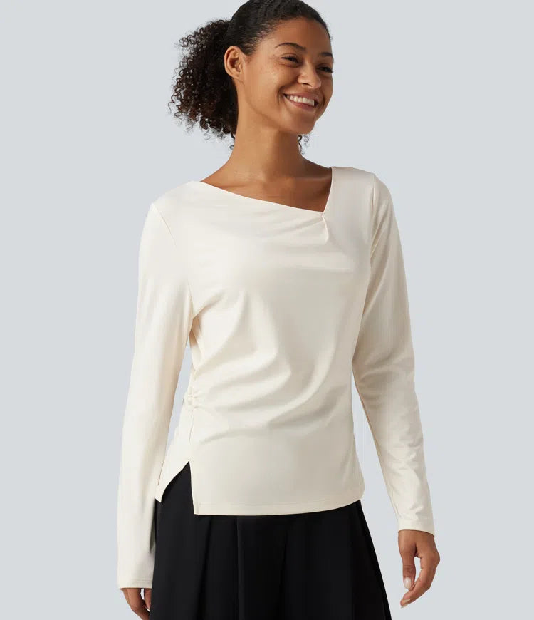Asymmetric Cowl Neck Long Sleeve Ruched Slit Hem Work Blouse