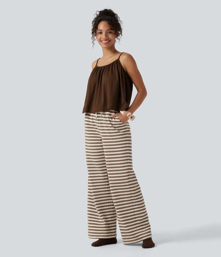 Mid Rise Drawstring Stripe Wide Leg Lounging Sweattrousers with Pockets