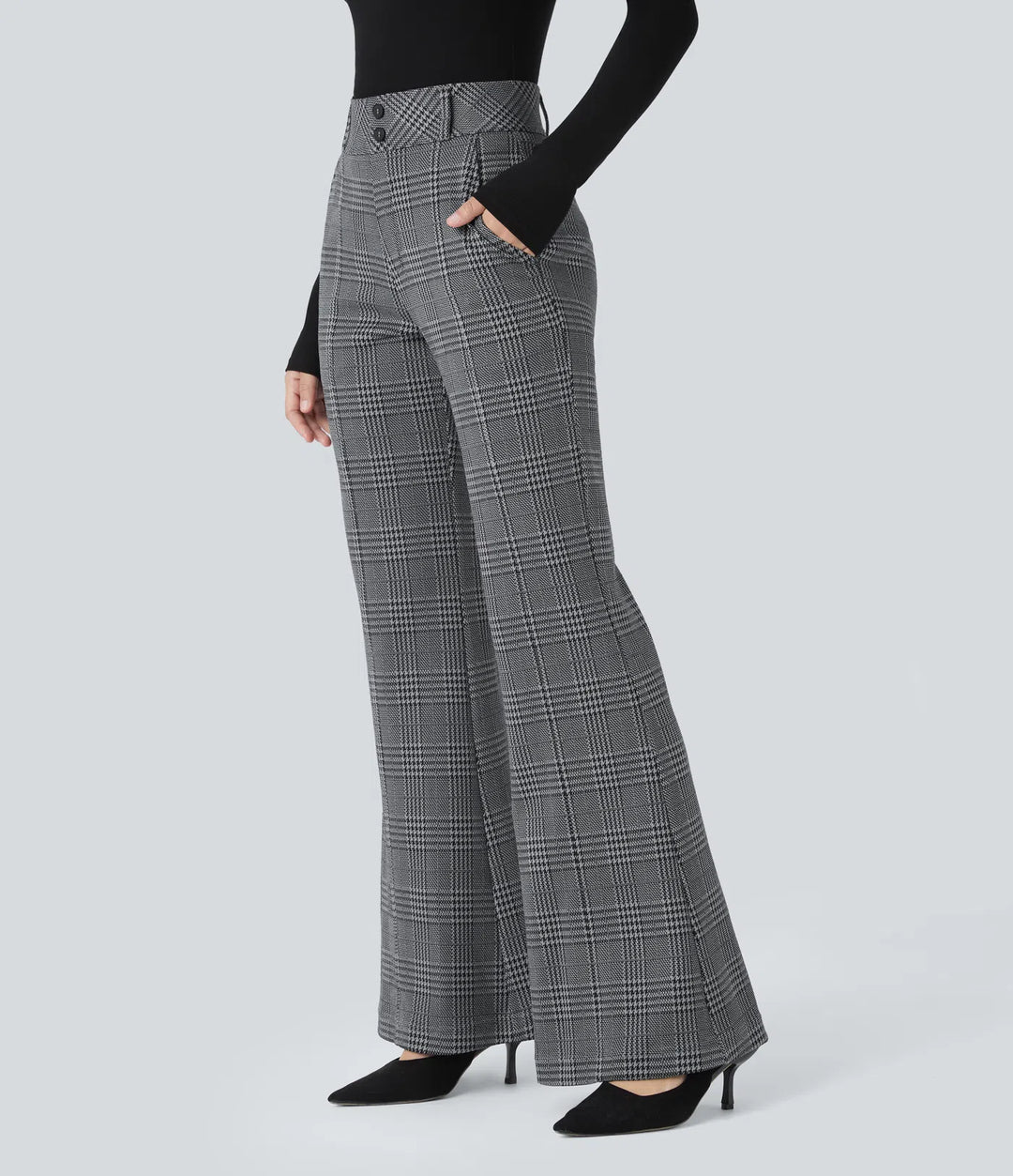 Halara Flex High Waisted Decorative Pocket Houndstooth Plaid Work Flared Trousers